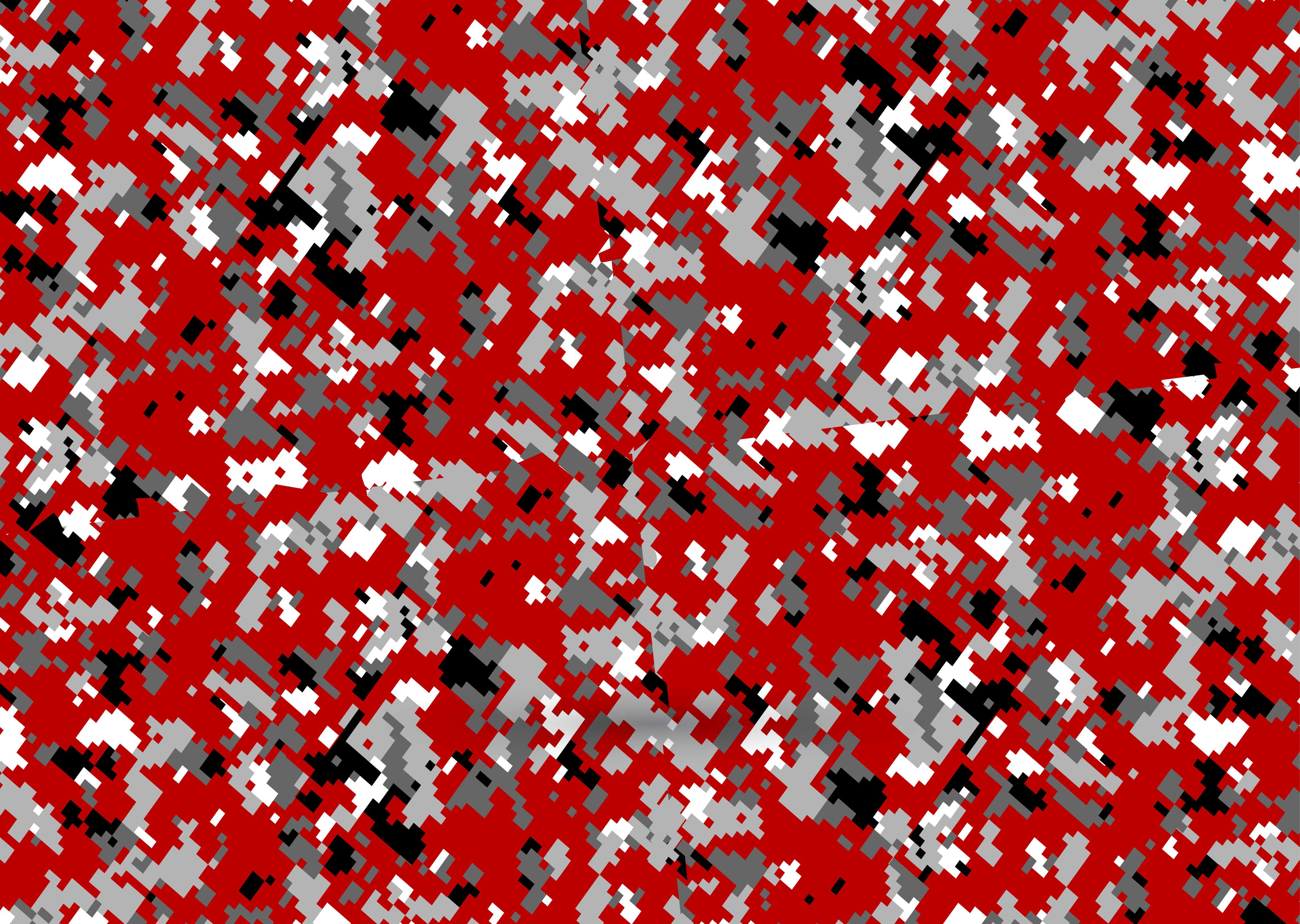 Abstract digital camouflage in deep red, charcoal, and off-white pixelated blocks, conveying a rugged outdoor energy.