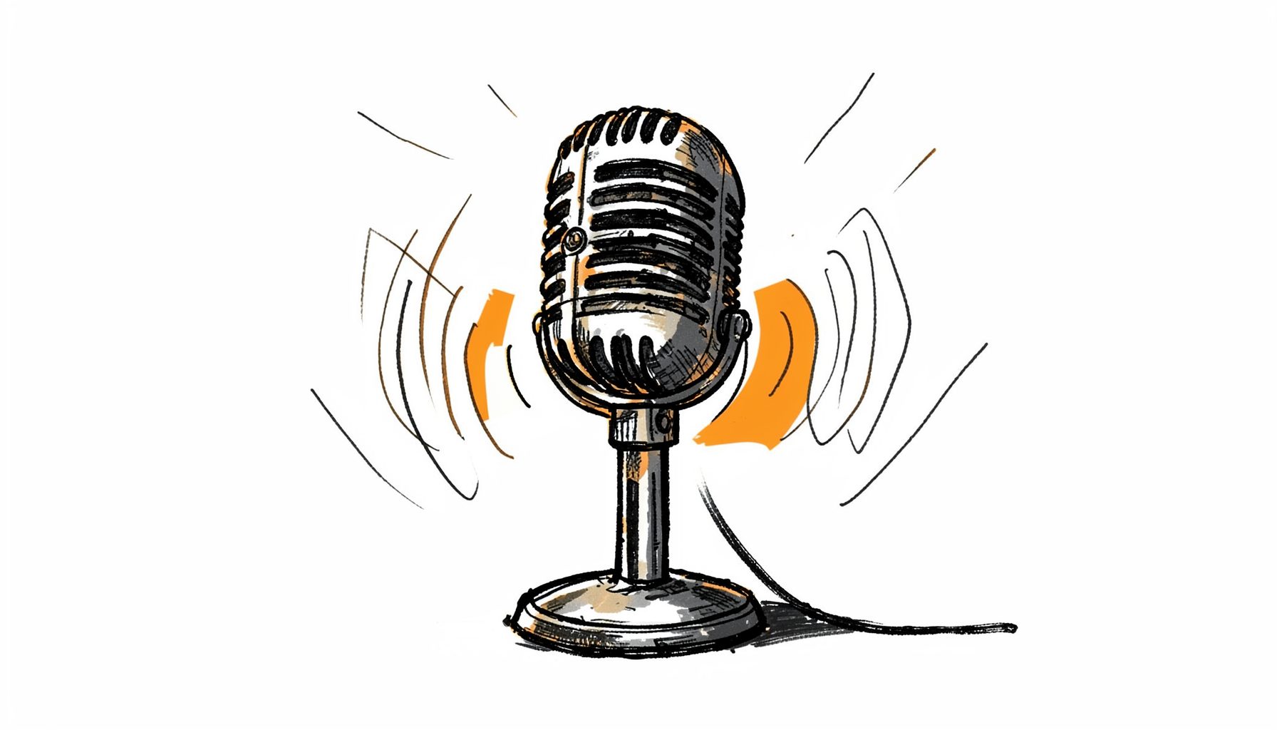 A hand-drawn ink illustration of a vintage microphone on a stand, surrounded by loose sketch lines suggesting sound waves, with a dark moody background of deep charcoal and warm amber tones.