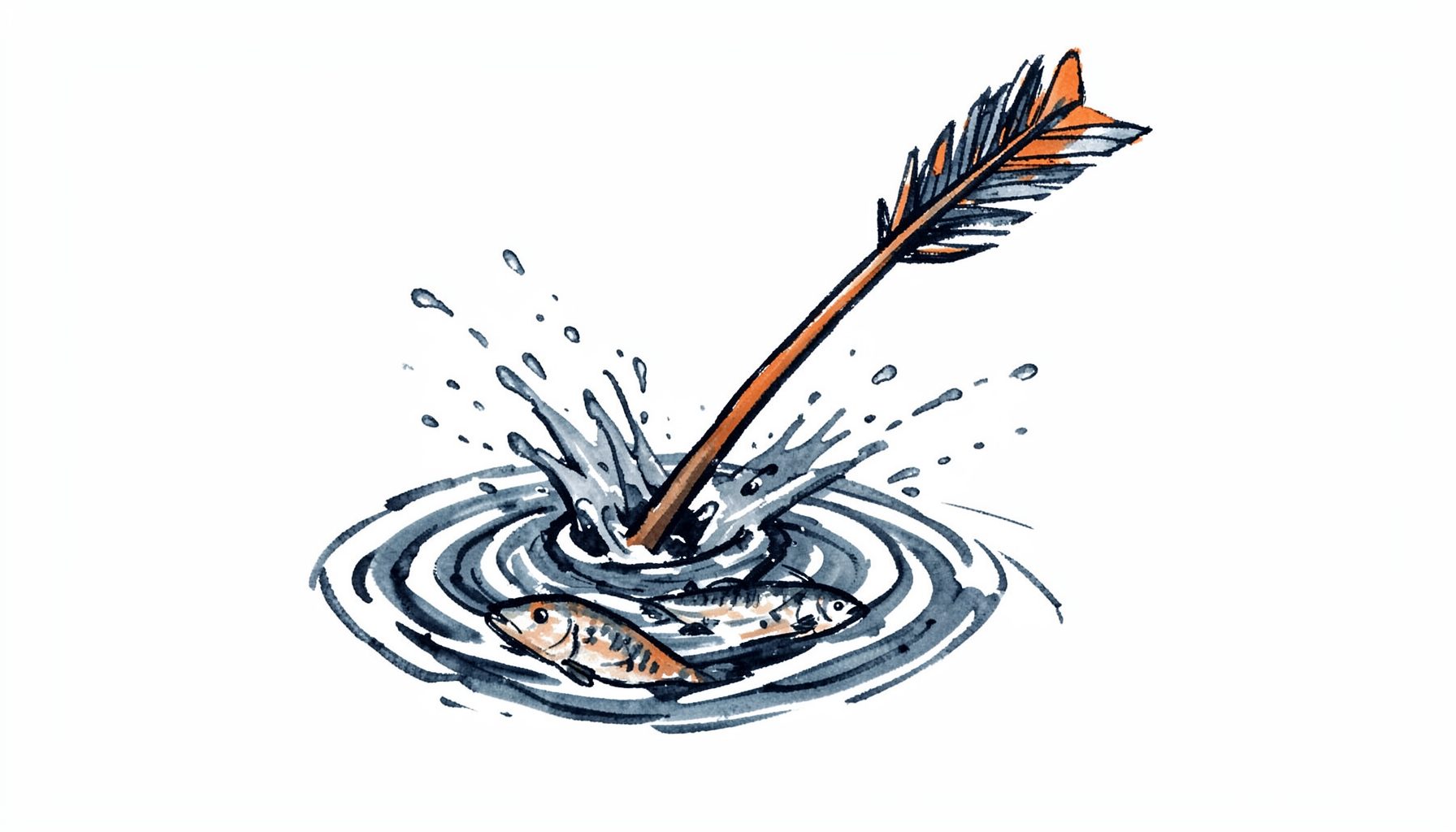 Hand-drawn ink illustration of an arrow piercing the water's surface with a fish below, dynamic splashes in dark blue-gray ink with white negative-space highlights.