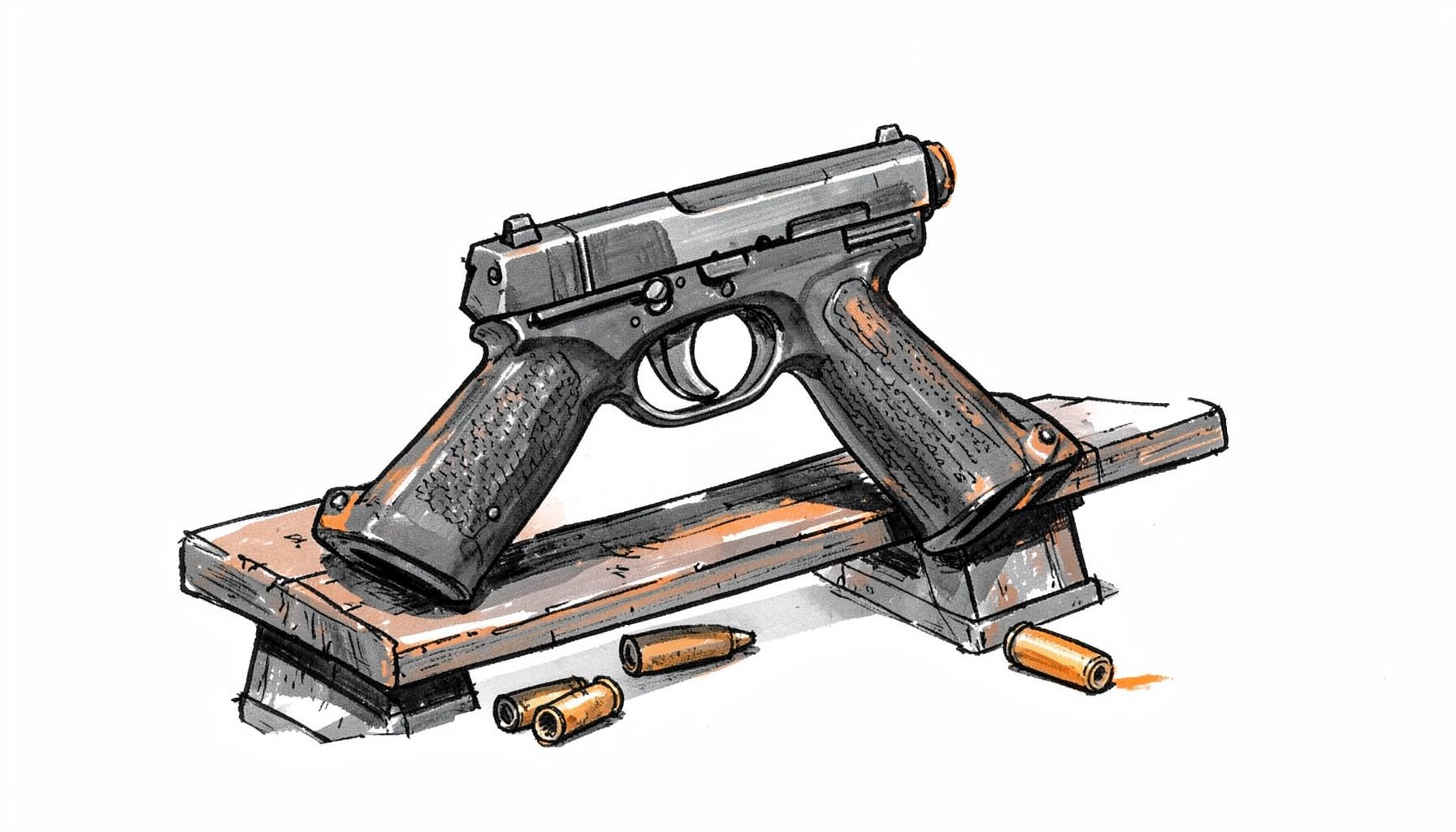 Hand-drawn ink illustration of a handgun on a shooting bench with spent casings nearby, rendered in deep grays and muted orange highlights, evoking a focused range atmosphere.