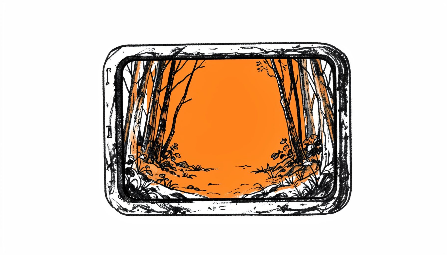 A hand-drawn ink illustration of a camera viewfinder overlay on a woodland scene, with dark charcoal lines and subtle burnt-orange accents, conveying an adventurous documentary mood.