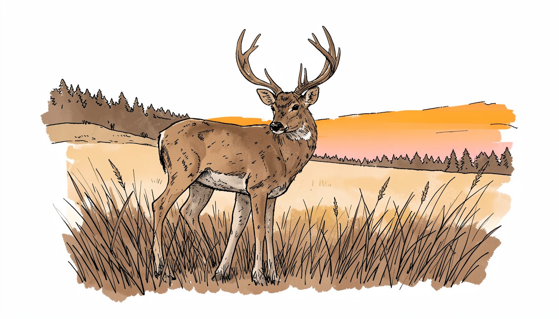 Hand-drawn ink illustration of a whitetail deer in a field at dawn, with tall grasses and a distant treeline, in muted browns and soft amber tones.