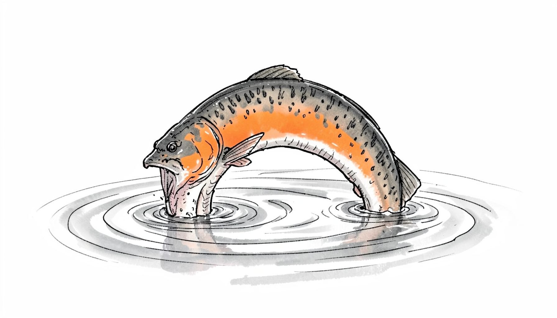 Hand-drawn ink illustration of a muskie breaking the surface of a lake, its body arcing, with ripples spreading outward in fine linework and cool gray washes.