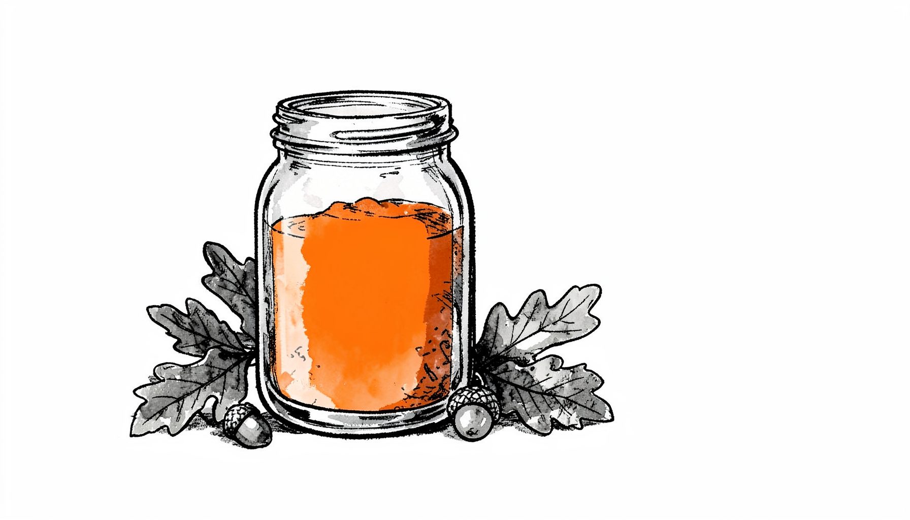 Hand-drawn ink illustration of a glass jar filled with deer attractant beside oak leaves and acorns, dark ink with subtle wash.