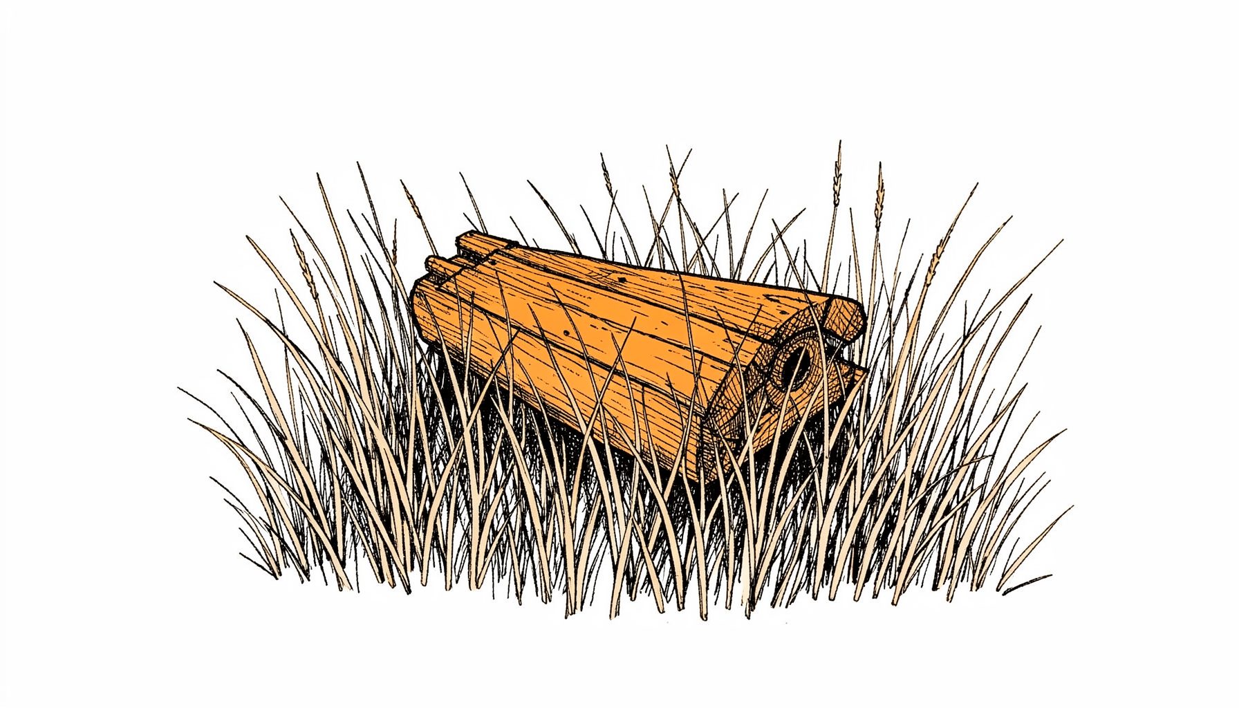Hand-drawn ink illustration of a wooden decoy resting in tall marsh grass, delicate crosshatching and earthy mood.