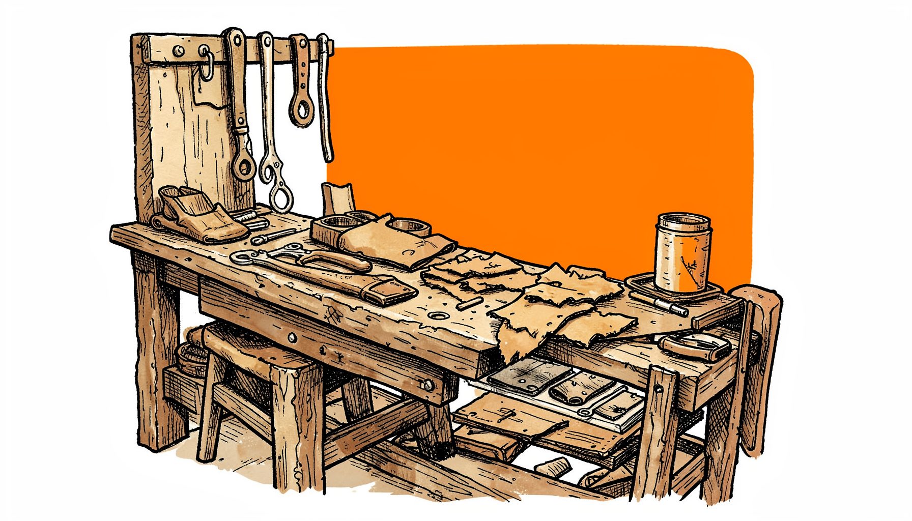 Hand-drawn ink illustration of a rugged holster workshop bench with tools and leather scraps, warm sepia tones and dark ink lines.