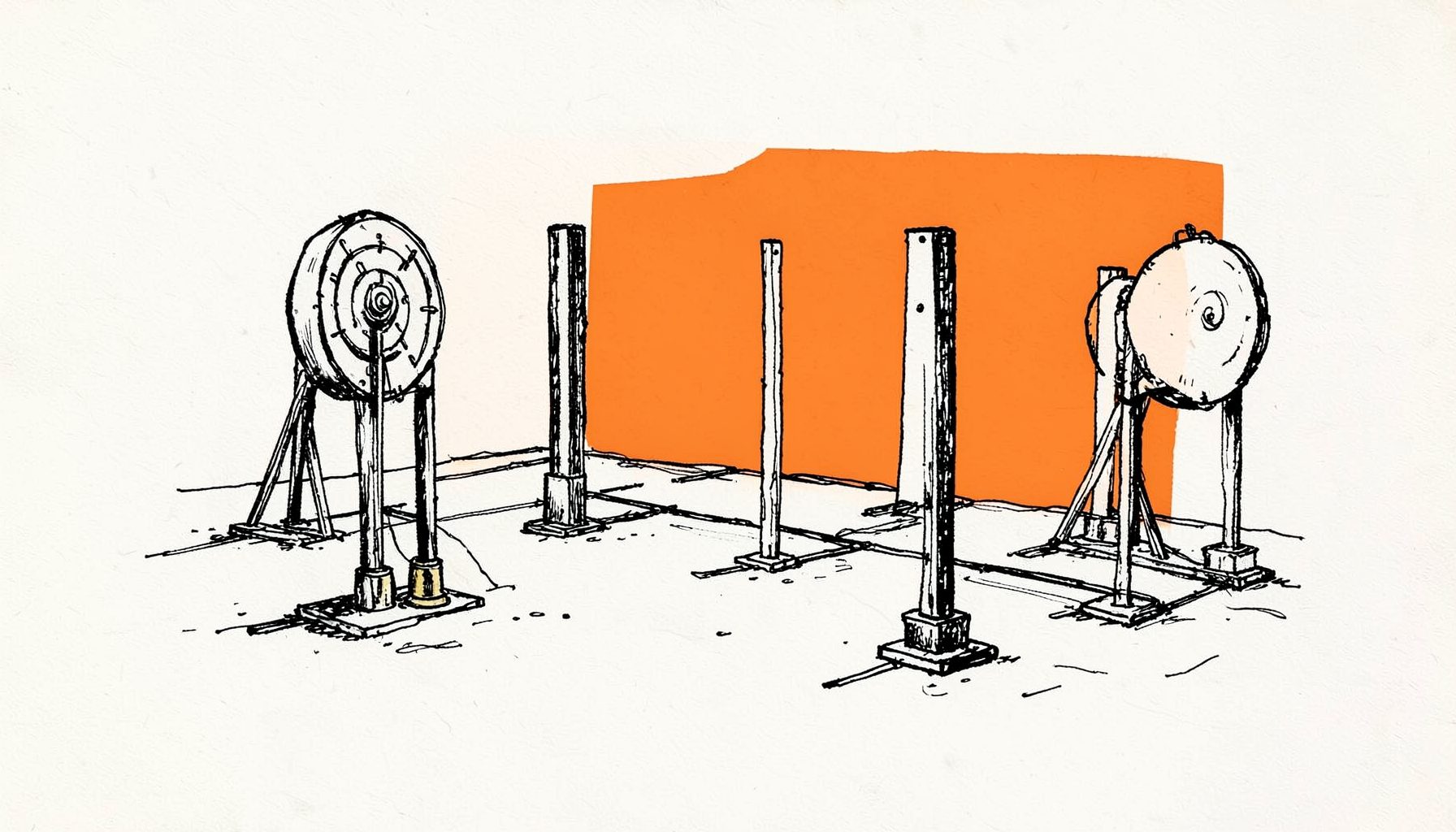 Hand-drawn ink illustration of a tactical shooting range with target stands and brass casings, stark black ink on off-white paper.