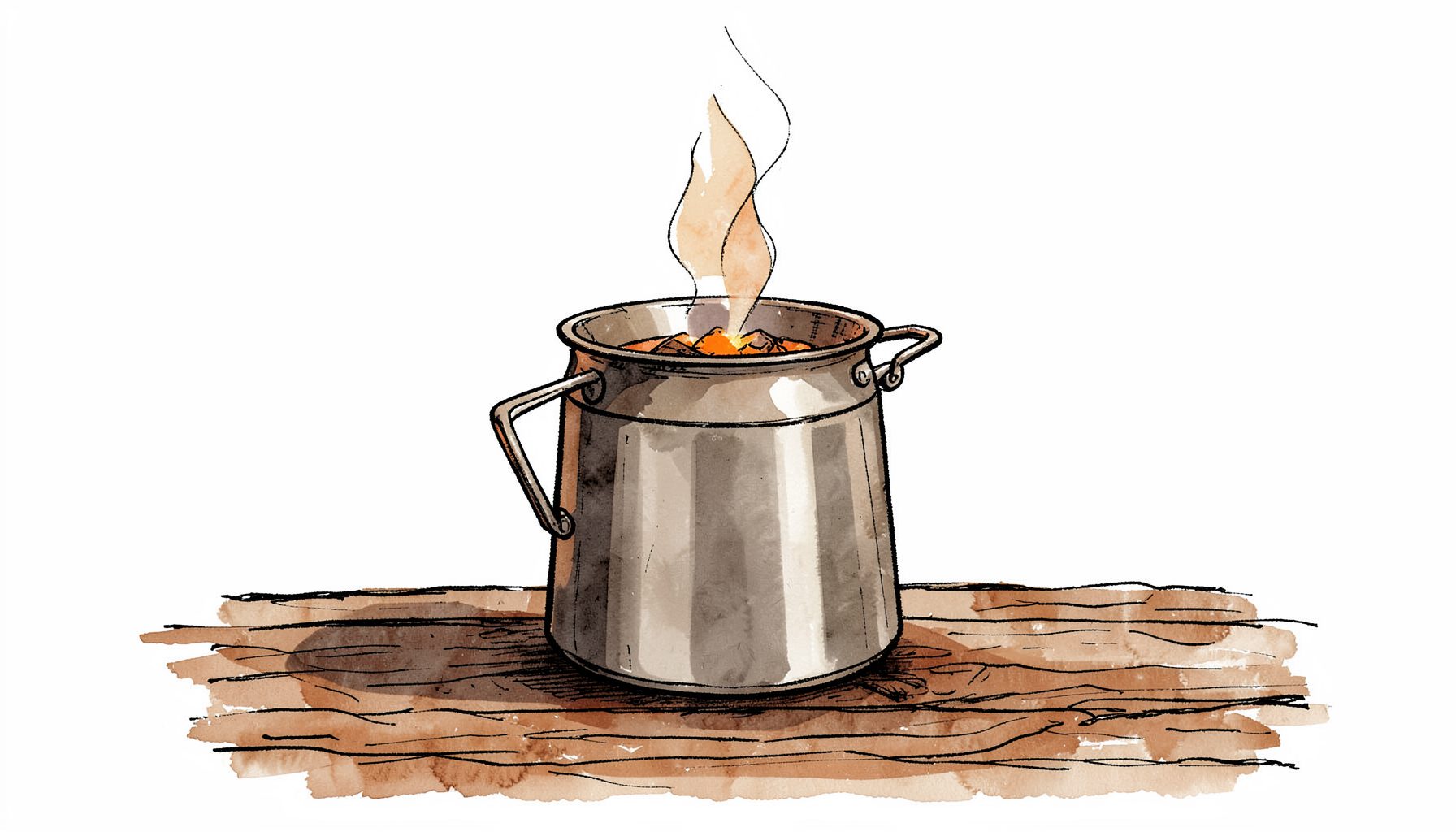 Hand-drawn ink illustration of a steaming campfire coffee pot on a rustic wooden table, warm brown ink washes and dark outlines.