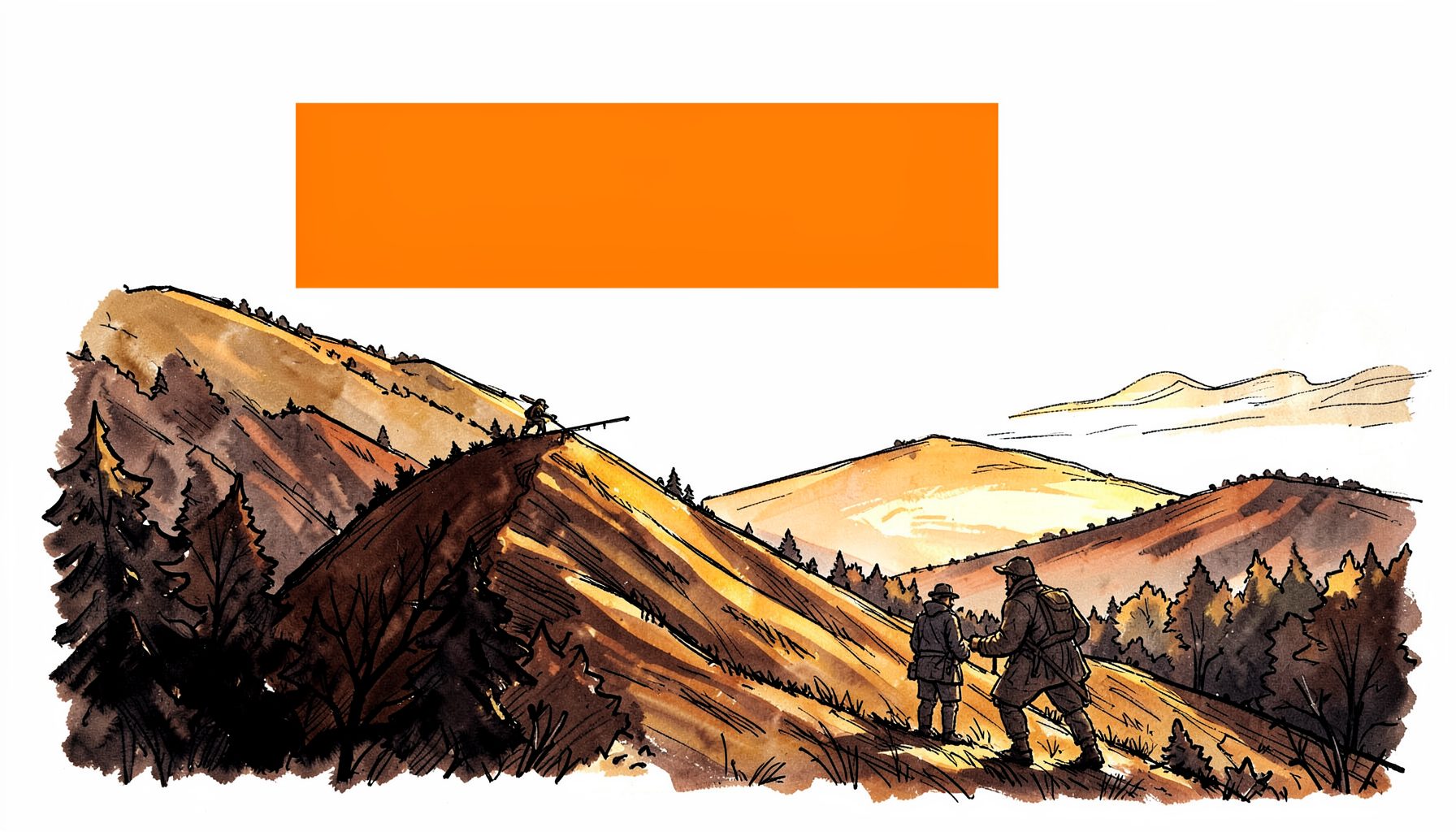 Hand-drawn ink illustration of a hunter glassing a ridge at sunrise, warm amber light across rolling hardwoods, deep browns and soft golds.