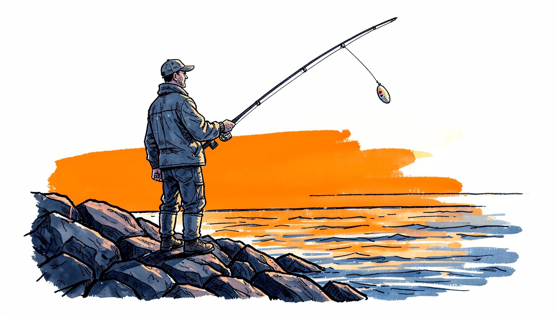 Hand-drawn ink illustration of an angler standing on a rocky shoreline at sunset, casting into open water, a muskie lure mid-air, warm orange and deep blue tones.