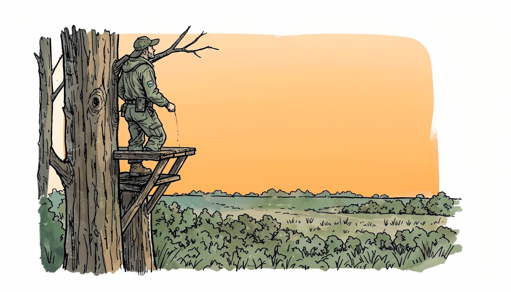 Hand-drawn ink illustration of a hunter in a treestand overlooking a food plot at dusk, muted greens and browns with a pale orange sky.