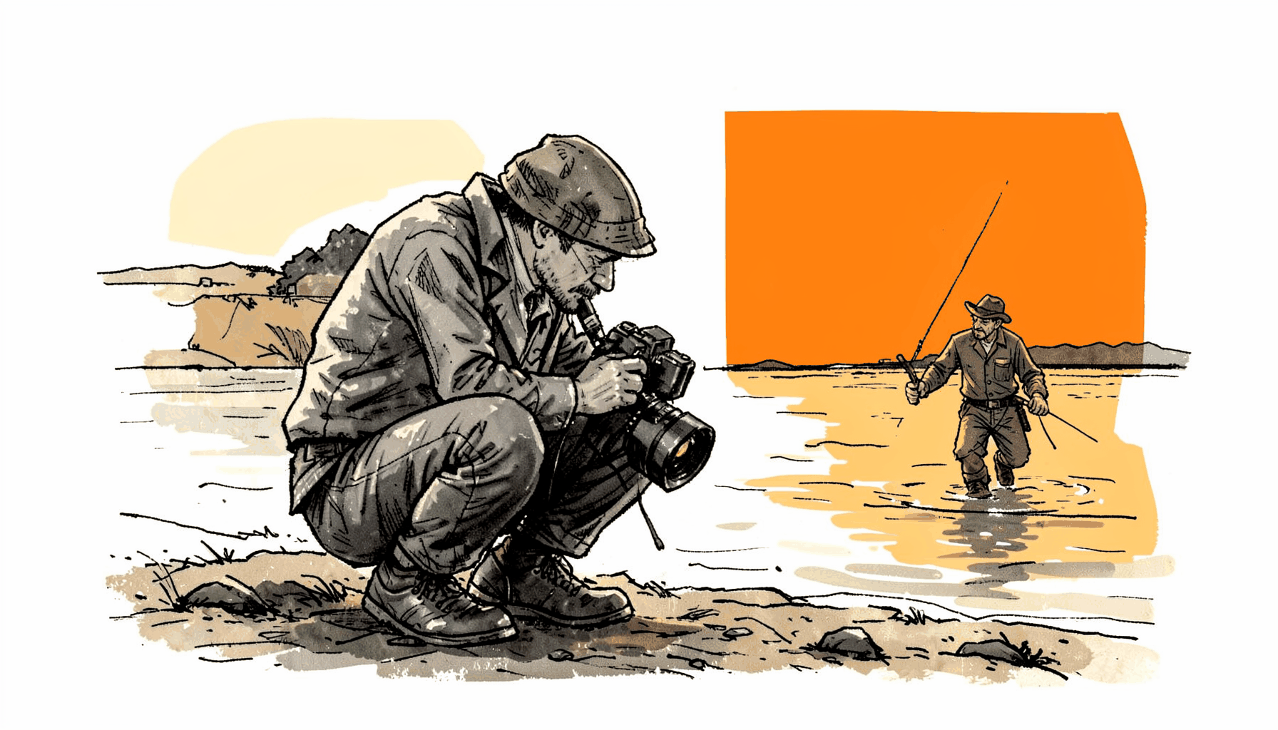 Hand-drawn ink illustration of a filmmaker crouched at the water's edge with a camera, a fisherman wading in the background, golden-hour light, sepia and slate tones.