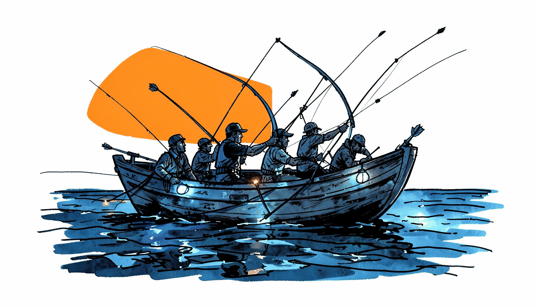 Hand-drawn ink illustration of a bowfishing boat at night with multiple anglers, LED lights illuminating the shallows, arrows flying, electric blue and black tones.