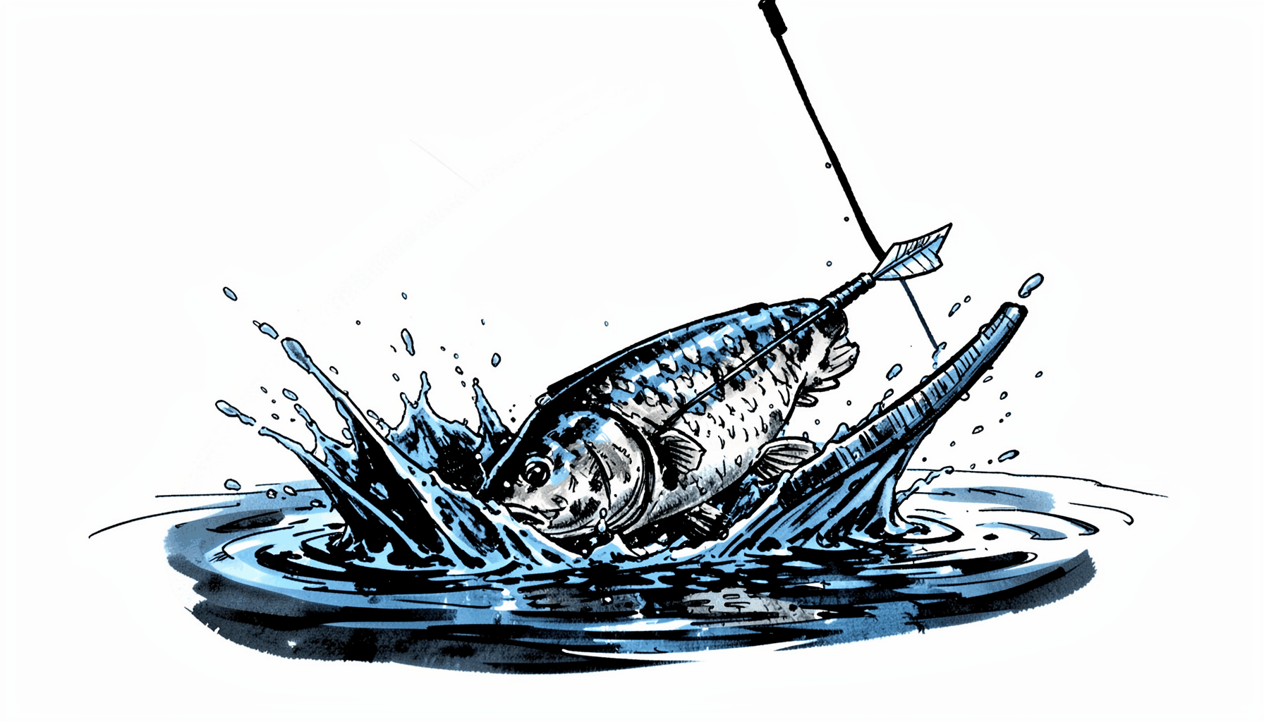 Hand-drawn ink illustration of a bowfishing arrow striking a carp in shallow water at night, dramatic splash, spotlight glare, intense black and electric-blue tones.