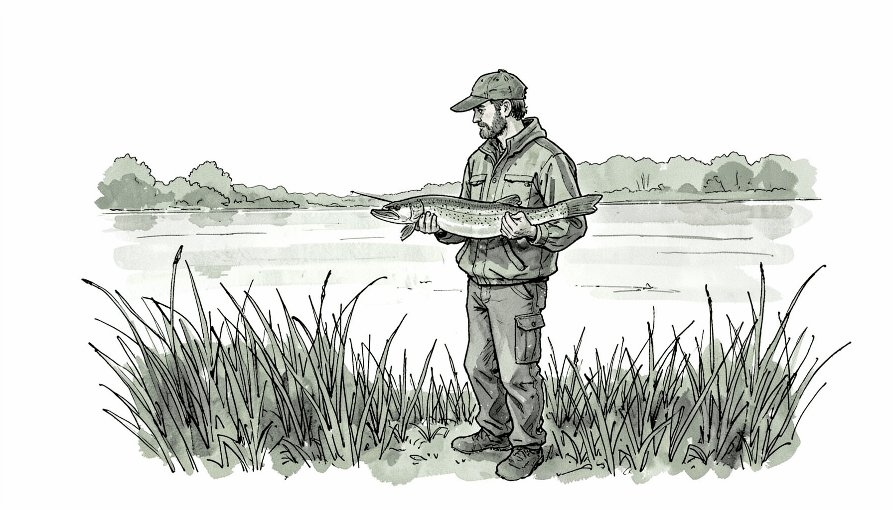 Hand-drawn ink illustration of a fisherman holding a northern pike at the edge of a weedy Ohio lake, early morning light, muted green and gray tones.