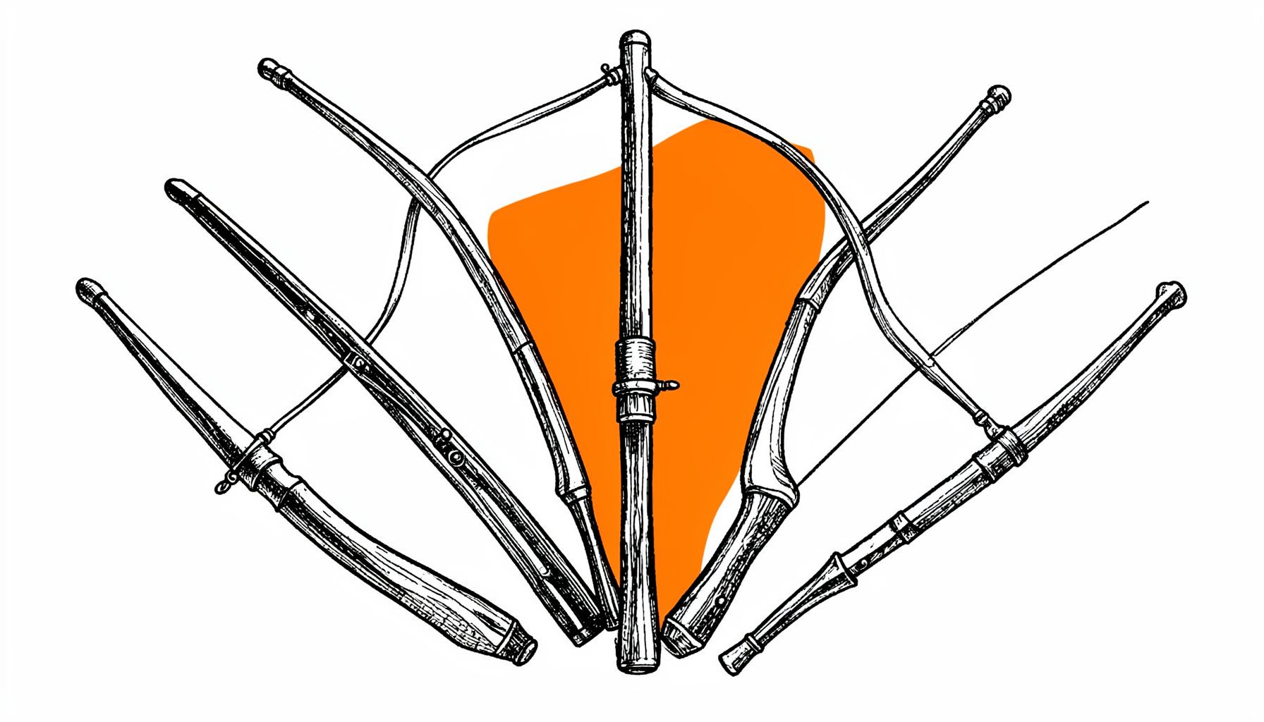 Hand-drawn ink illustration of five bows and crossbows arranged in a fan pattern, varied limb shapes and stock profiles, monochrome with rich linework.