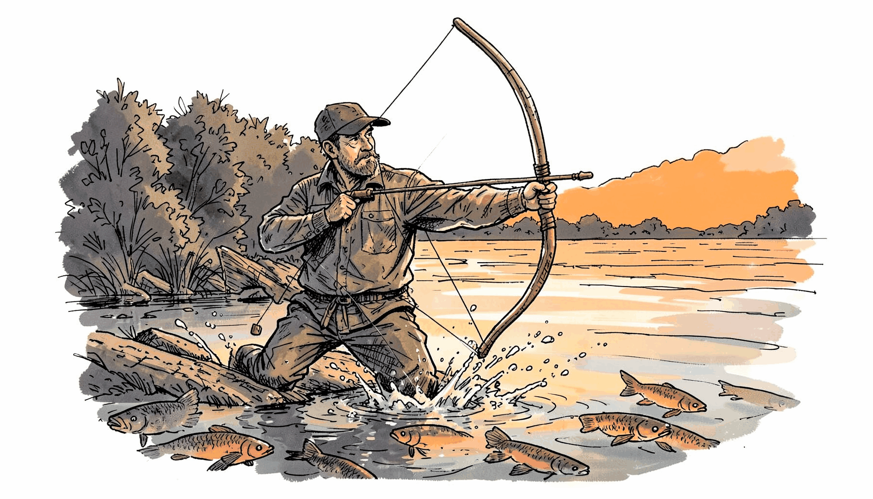 Hand-drawn ink illustration of a bowfisher drawing back on a river at dusk, shallow water splashing, carp visible below the surface, warm amber and slate tones.