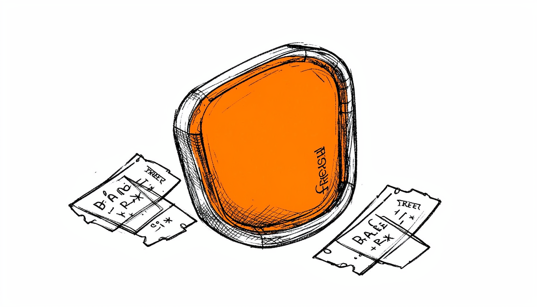 Ink sketch of an OtterBox cooler with raffle tickets scattered nearby, casual and inviting composition with loose hatching.