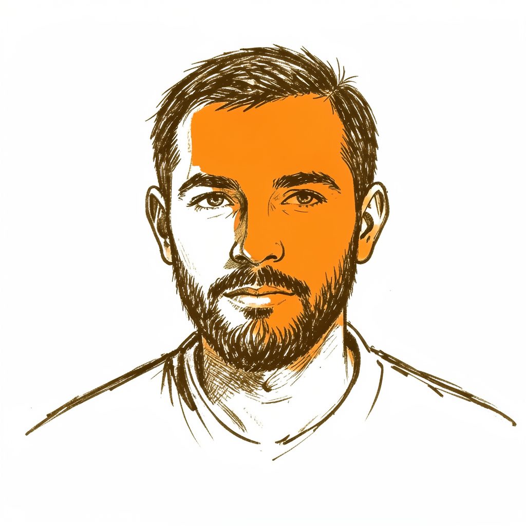 A hand-drawn ink sketch of a man with a short beard, in quick expressive strokes of sepia ink.