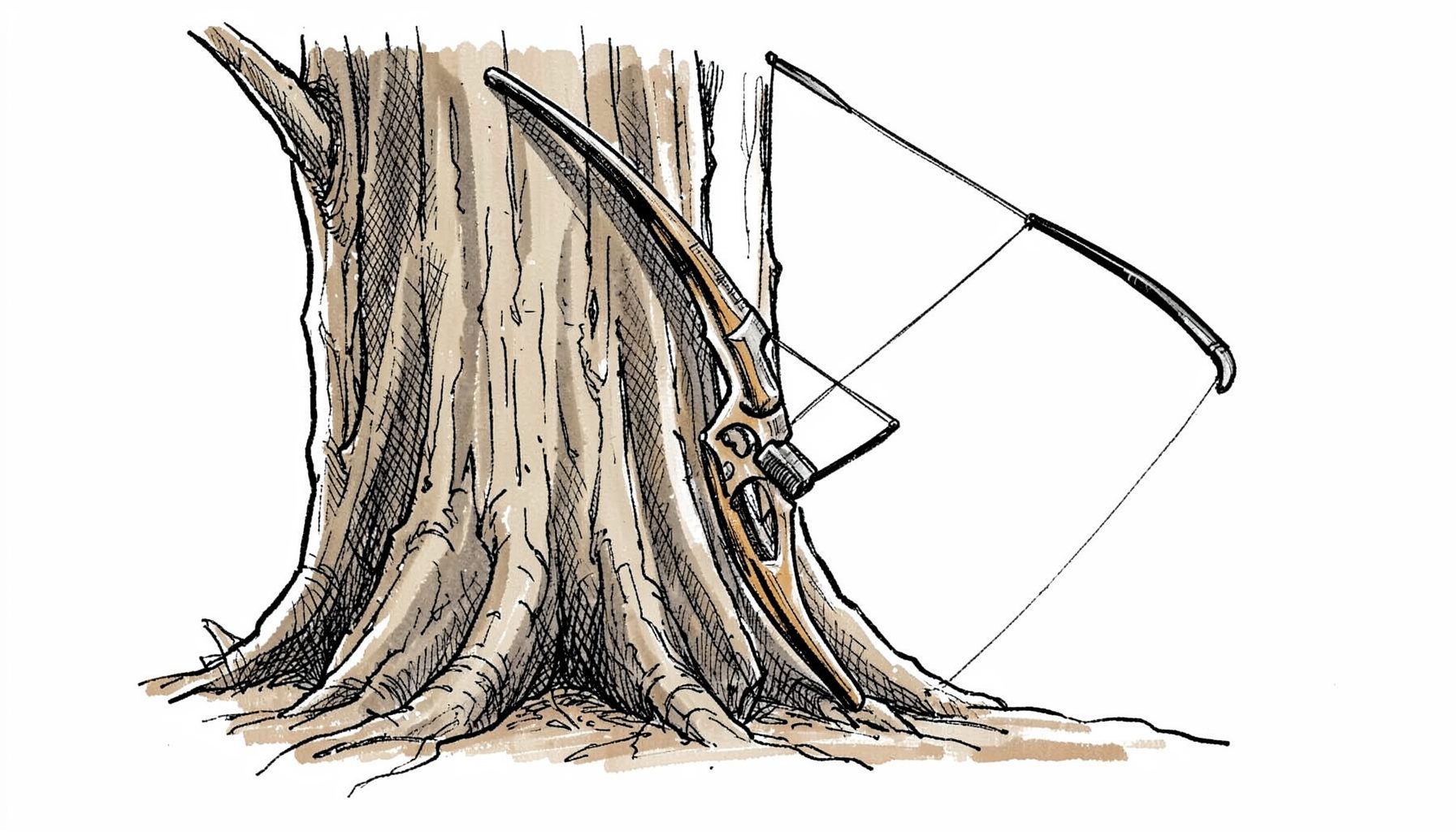 Hand-drawn ink illustration of a compound bow resting against a tree trunk, with soft crosshatched shadows and an earthy, rugged feel.