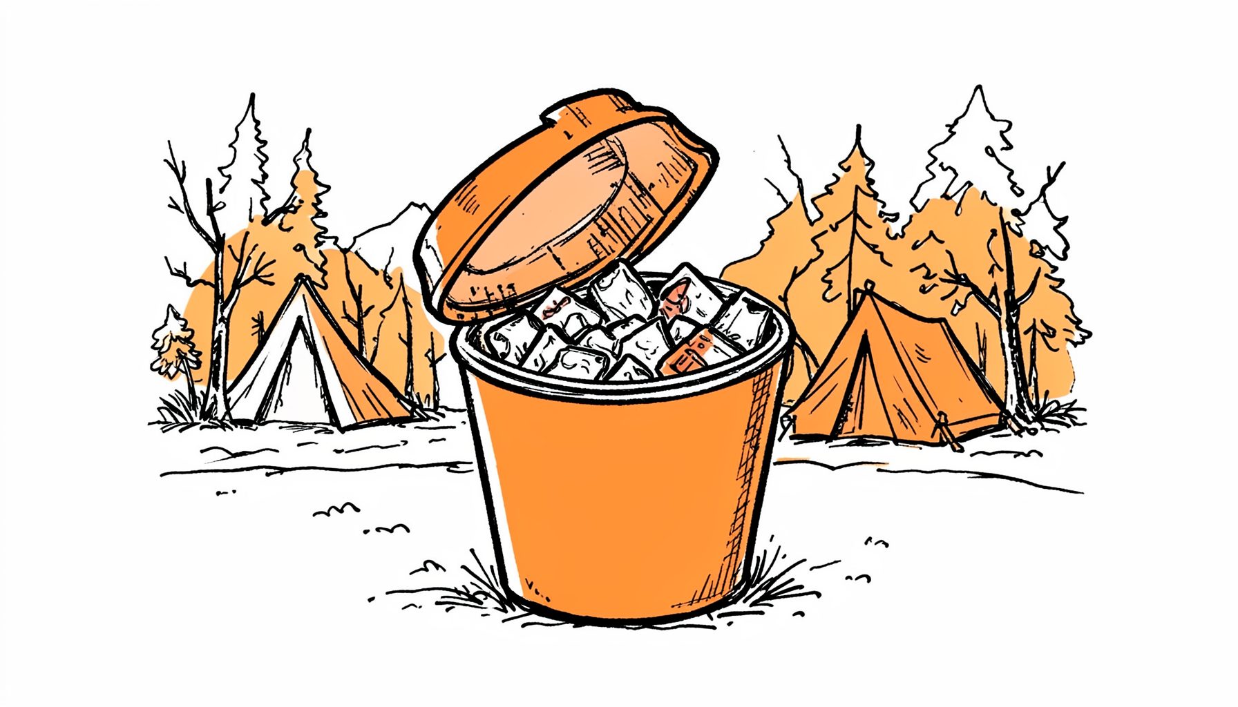 A hand-drawn ink illustration of a cooler with the lid open revealing ice and drinks, set against a campsite backdrop with tent lines and trees.