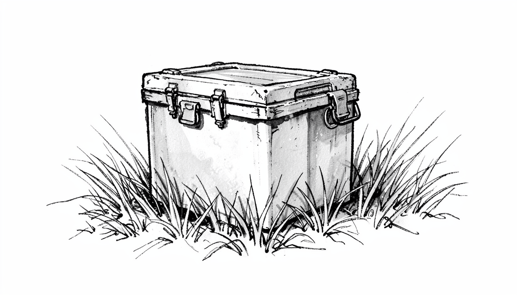 Hand-drawn ink sketch of a rugged cooler with latches, sitting on a riverbank with tall grass in the foreground, monochrome with subtle texture.