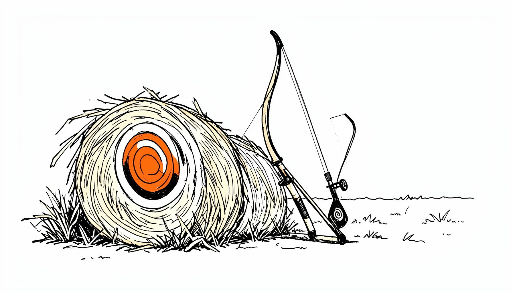 A hand-drawn ink illustration of archery targets and a compound bow leaning against a hay bale, with clean contour lines and an outdoor range setting.