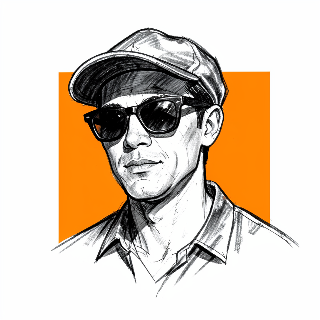 A hand-drawn ink sketch of a person with a cap and sunglasses, in loose energetic strokes of charcoal ink.