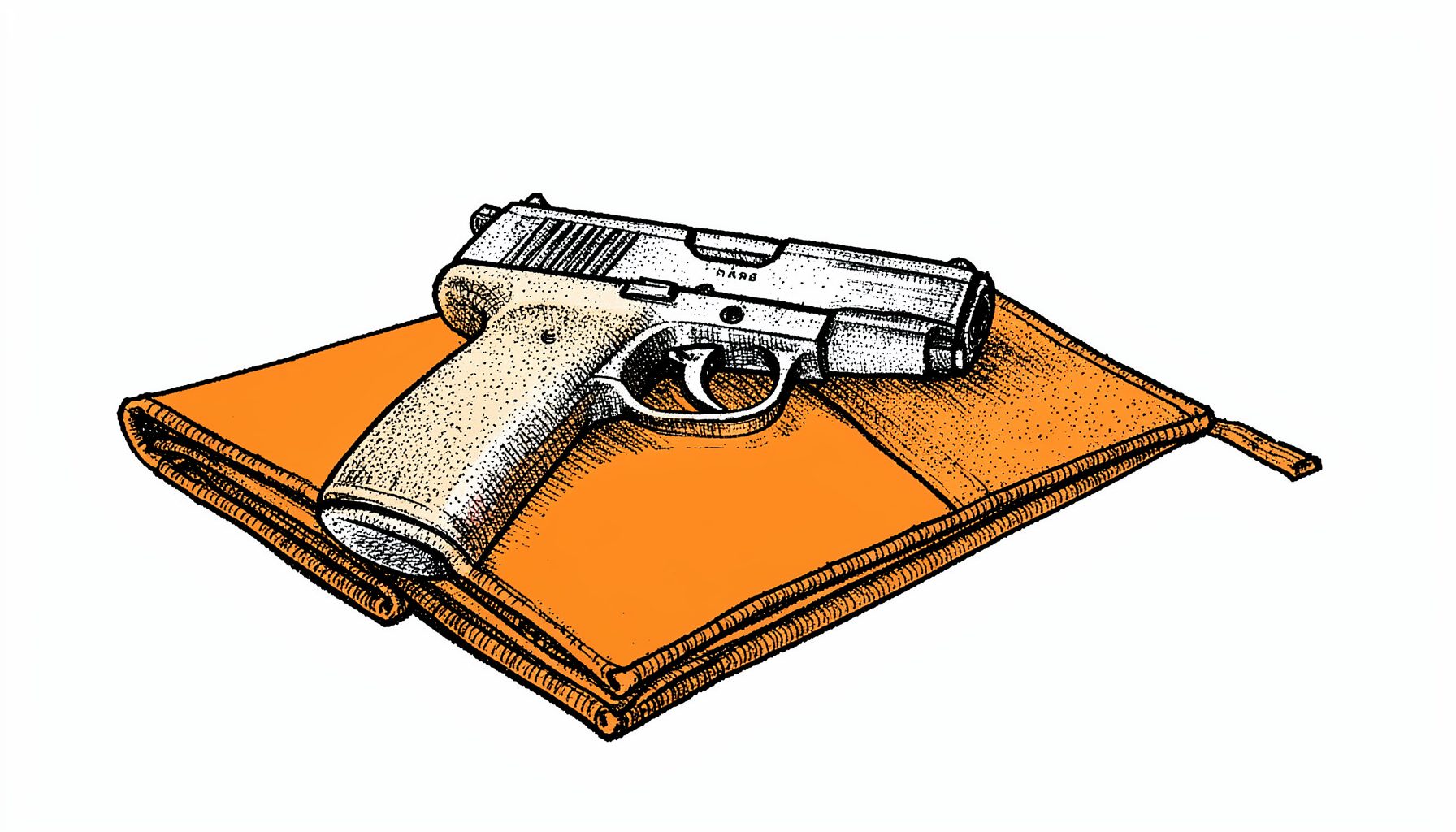 A hand-drawn ink illustration of a handgun resting on a folded range mat, with detailed stippling and a focused, review-style composition.
