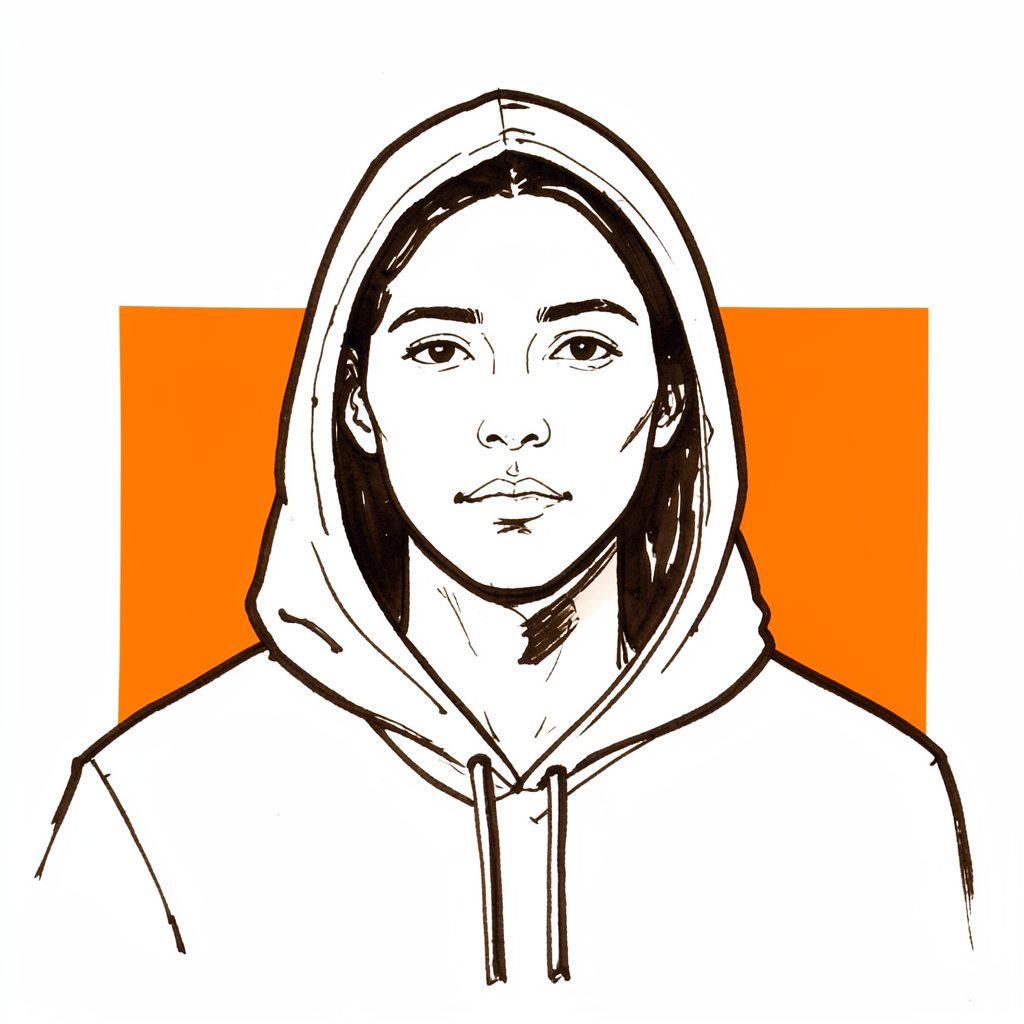 A hand-drawn ink portrait of a person in a hooded jacket, sketched with bold contour lines in dark umber ink.