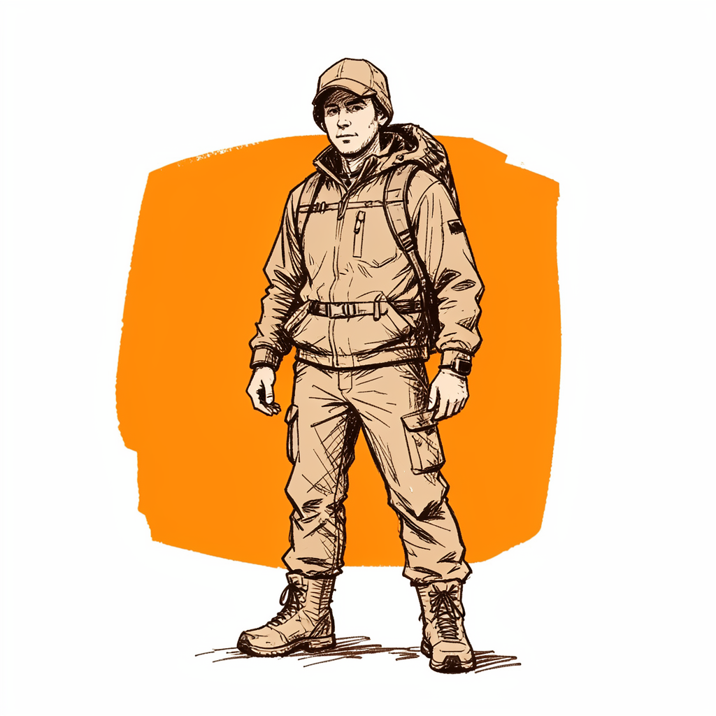 A hand-drawn ink illustration of a person in outdoor gear, rendered in quick gestural lines of brown-black ink.