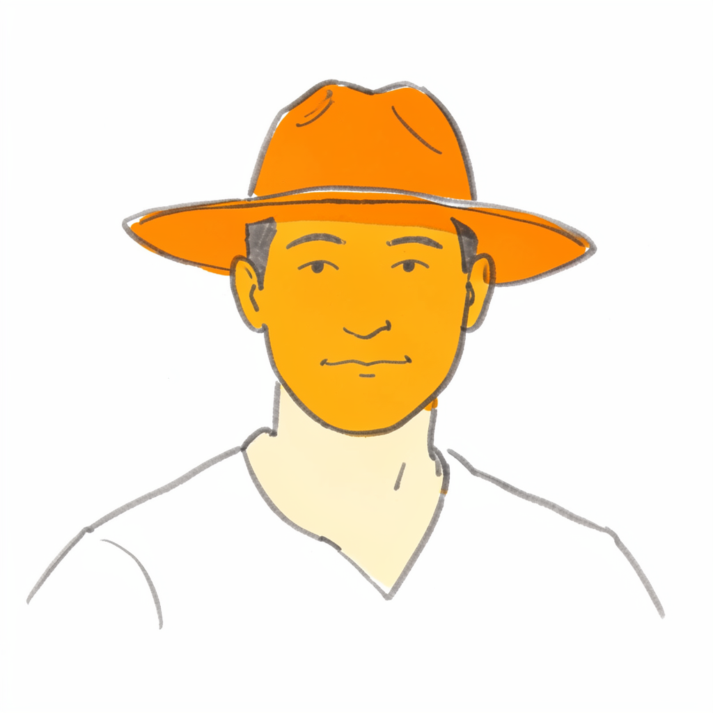 A hand-drawn ink illustration of a person wearing a flat-brim hat, drawn with minimal flowing lines in warm gray ink.