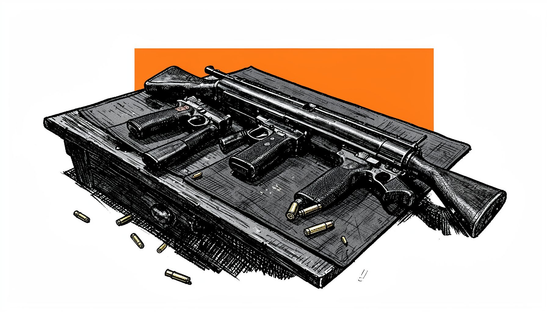 Hand-drawn ink illustration of a workbench with several handguns and a rifle laid out on a dark mat, spent brass casings scattered nearby, moody and atmospheric with deep shadows and crosshatched textures.