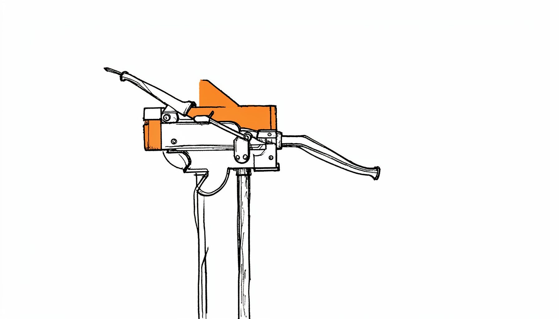 Ink drawing of a bow sight mounted on a riser, detailed mechanical lines against a clean background, technical and precise.