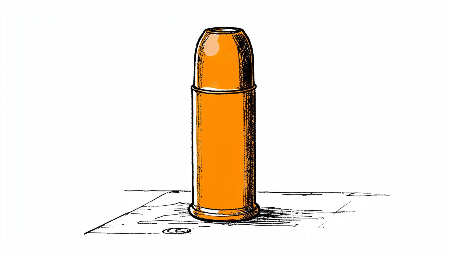 A hand-drawn ink illustration of a rifle cartridge standing upright on a workbench, with precise linework and a technical, industrial feel.
