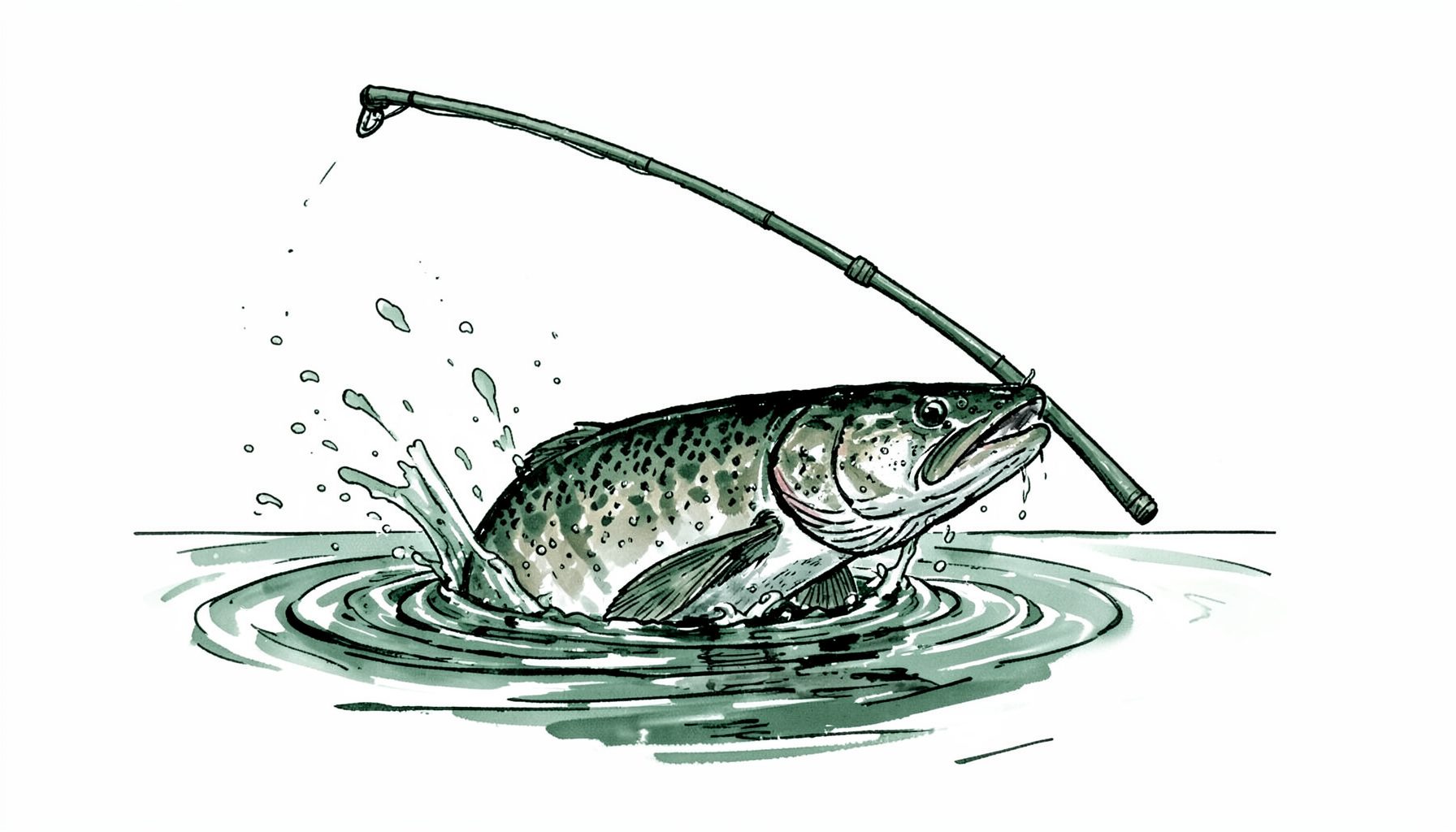 Hand-drawn ink illustration of a muskie breaking the surface of a northern lake, water spraying, heavy rod bent, deep green and silver tones.