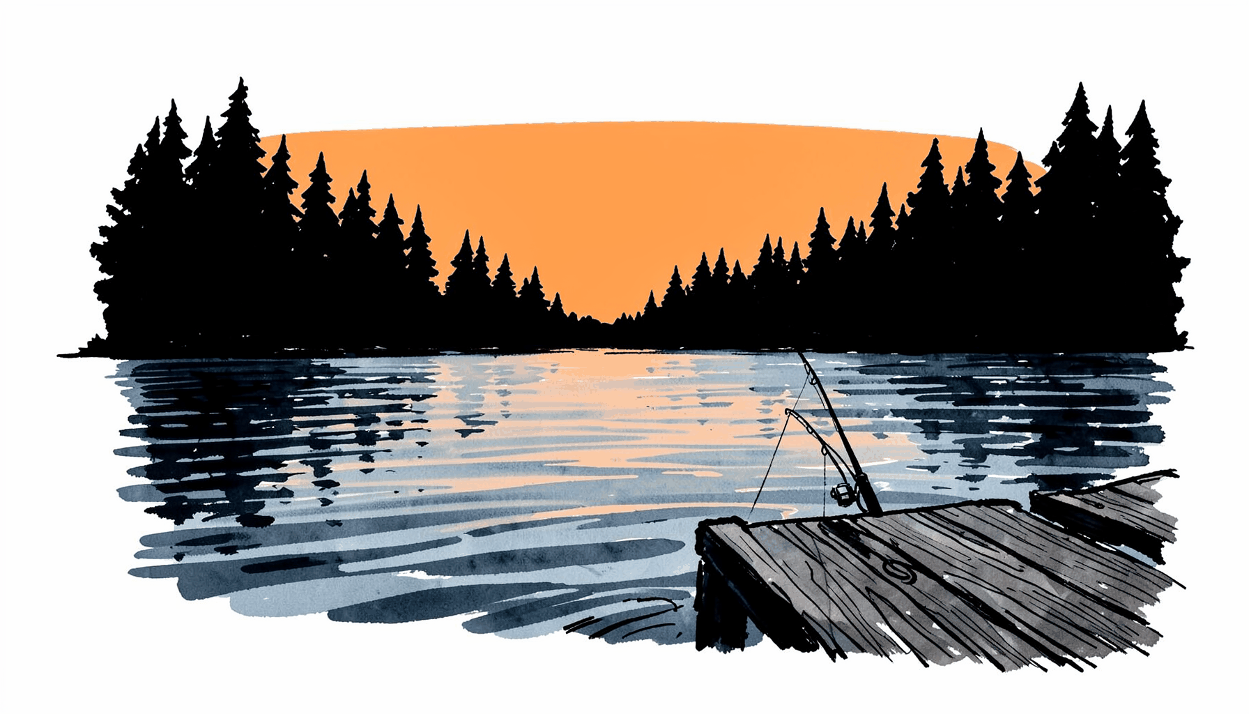 Hand-drawn ink illustration of a quiet lake at dawn, dark pine silhouettes along the shoreline, rippled water in deep blue-gray tones, and a single fishing rod resting against a wooden dock.