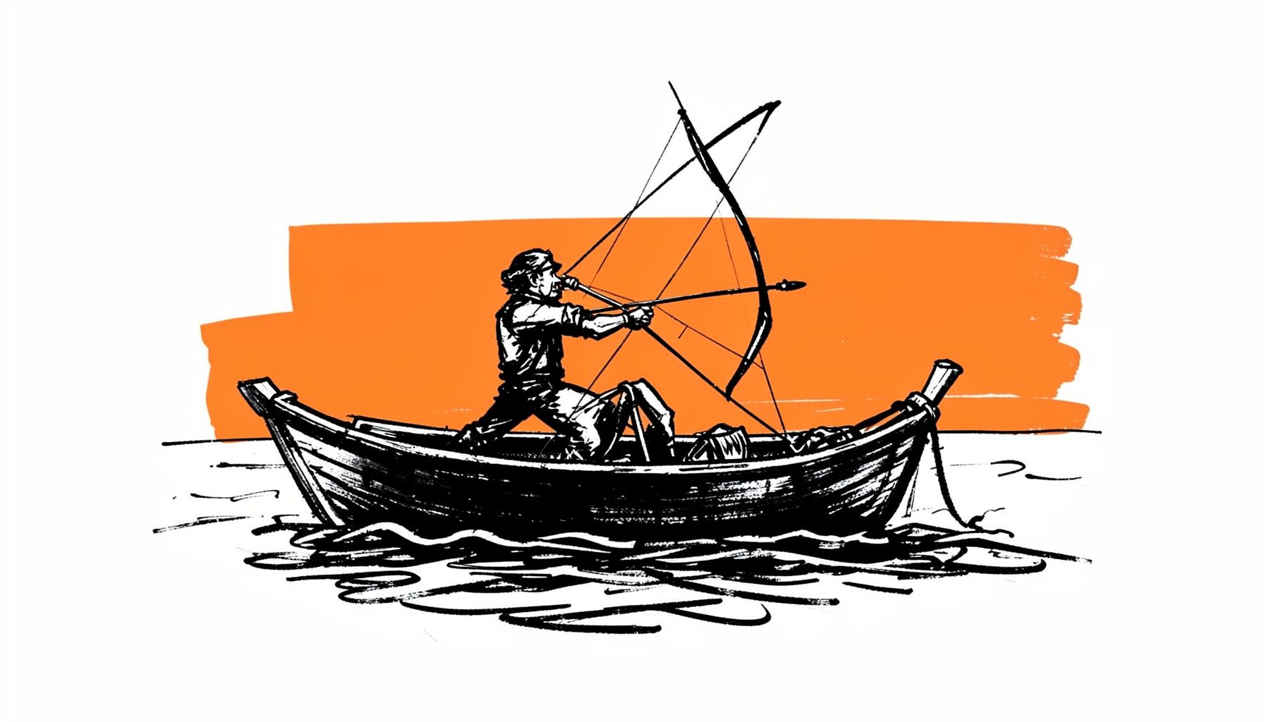 A hand-drawn ink illustration of a bowfishing boat at dusk, with an archer drawn back and water rippling in loose gestural strokes.