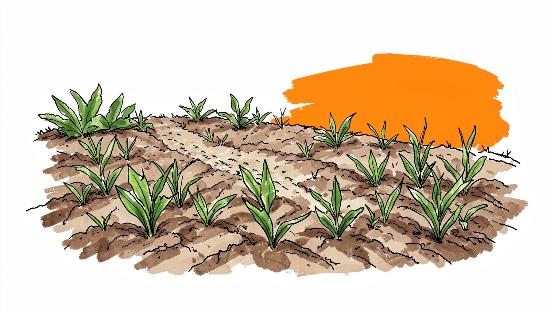 Hand-drawn ink illustration of a food plot with young green annuals emerging from tilled soil, a deer trail visible in the background, earthy browns and fresh greens.