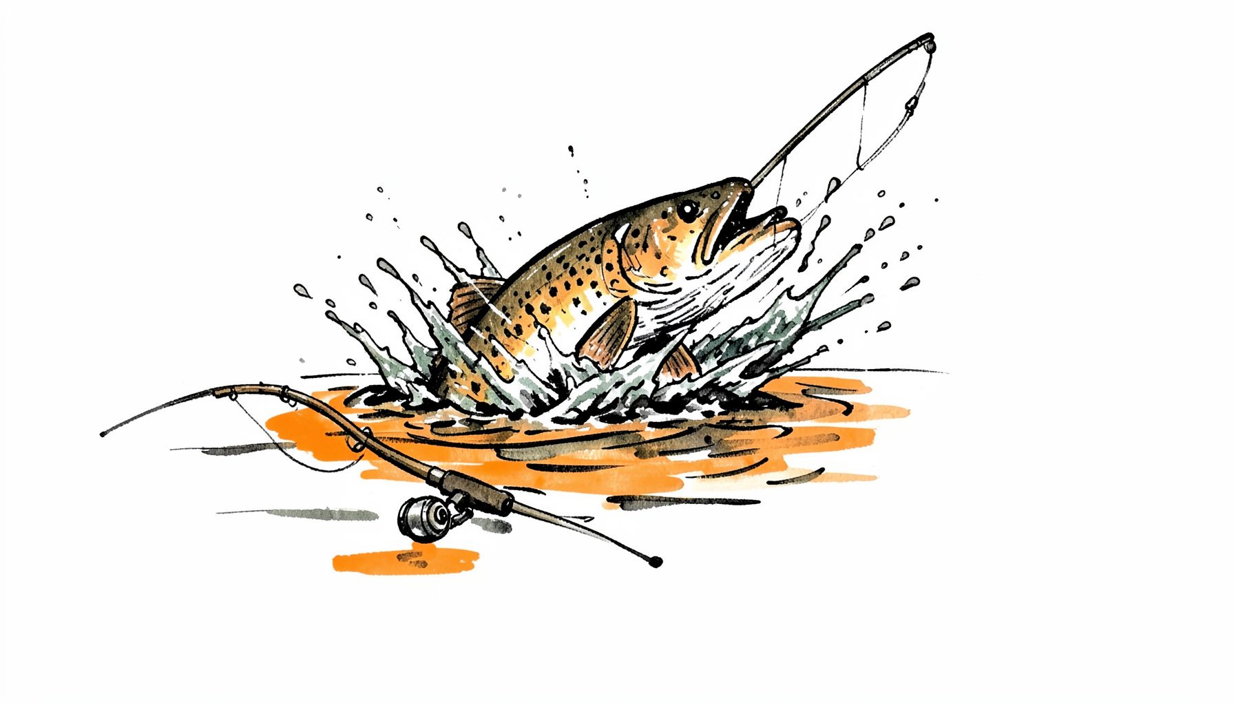 A hand-drawn ink illustration of a muskie breaking the surface of a lake, water splashing in dynamic ink washes, with a fishing rod bent in the foreground.
