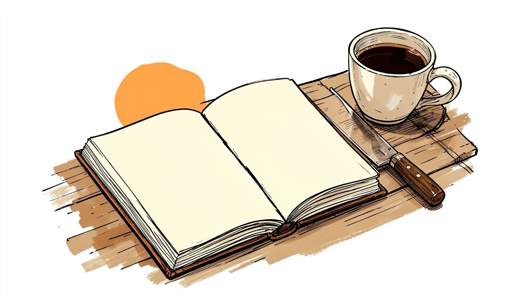Hand-drawn ink illustration of a deer season journal lying open on a wooden table beside a hunting knife and a cup of coffee, warm browns and cream tones.