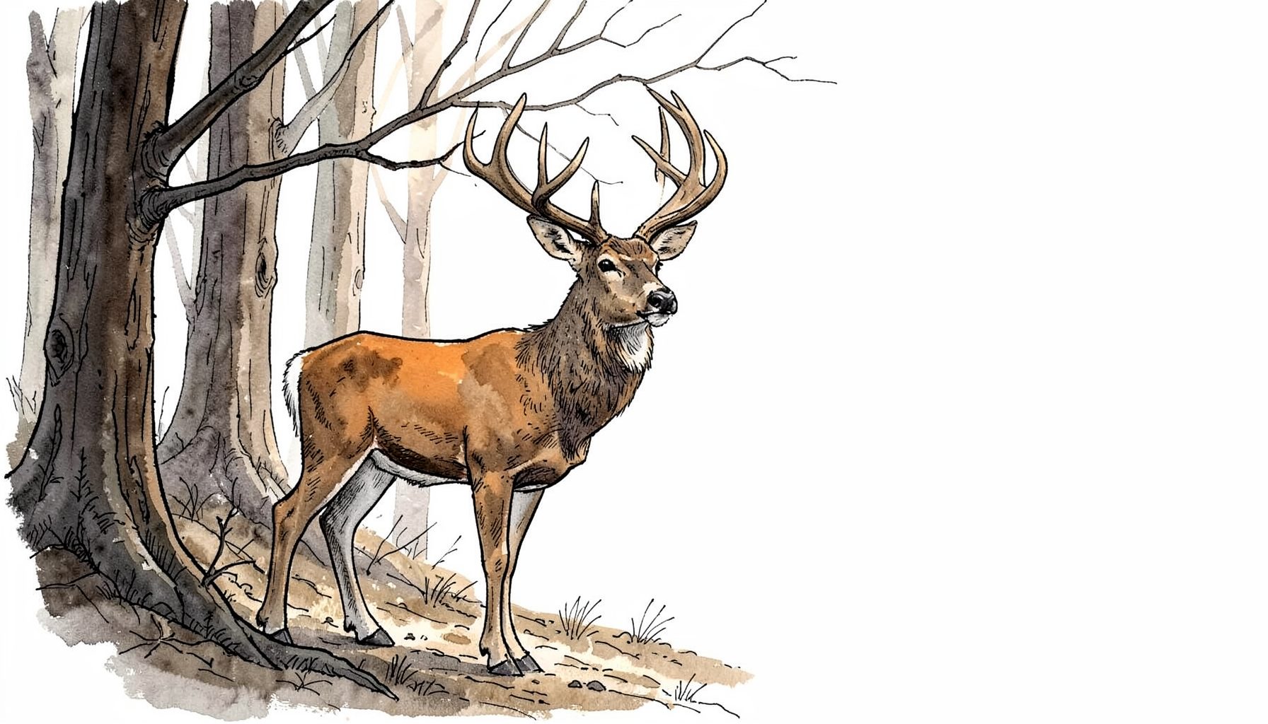 Hand-drawn ink illustration of a whitetail buck standing alert at the edge of a hardwood forest, early morning light filtering through bare branches, rendered in deep browns, muted ochres, and soft gray washes.