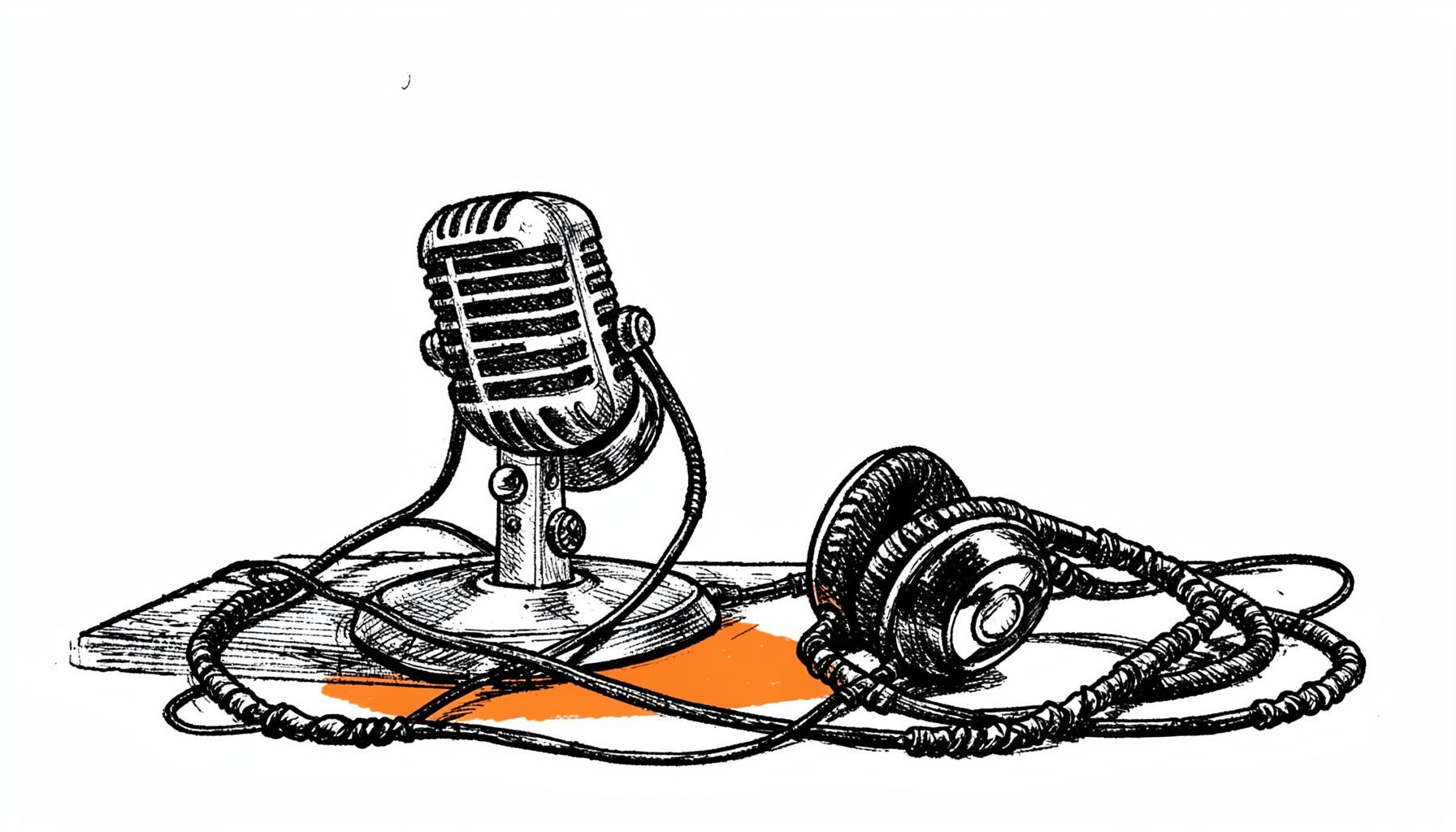 A hand-drawn ink illustration of a vintage microphone and headphones on a studio desk, with coiled cables and dark, moody crosshatching.
