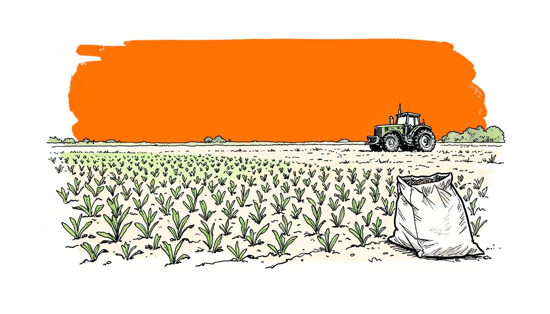A hand-drawn ink illustration of a food plot with young green growth, a bag of seed nearby, and a tractor in the distant background under an open sky.