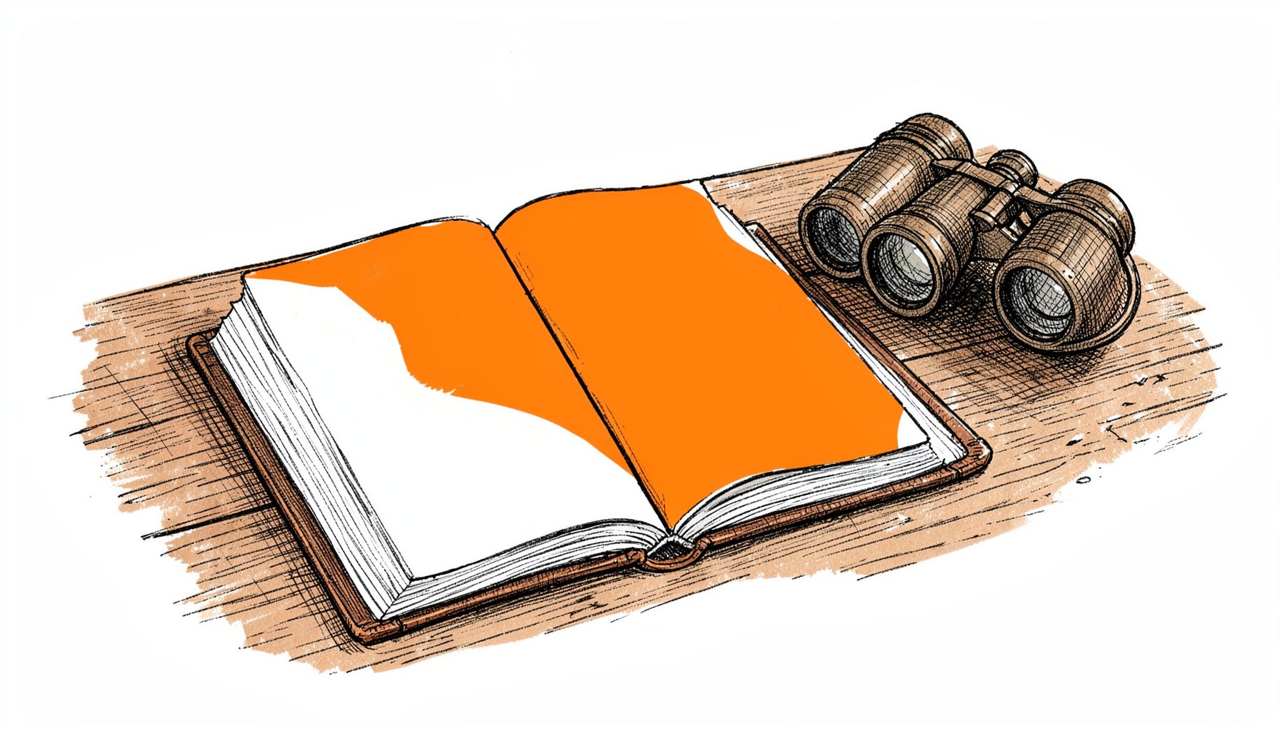 A hand-drawn ink illustration of an open journal on a wooden desk beside a pair of binoculars and a field notebook, with subtle crosshatch shading and a warm, rustic mood.