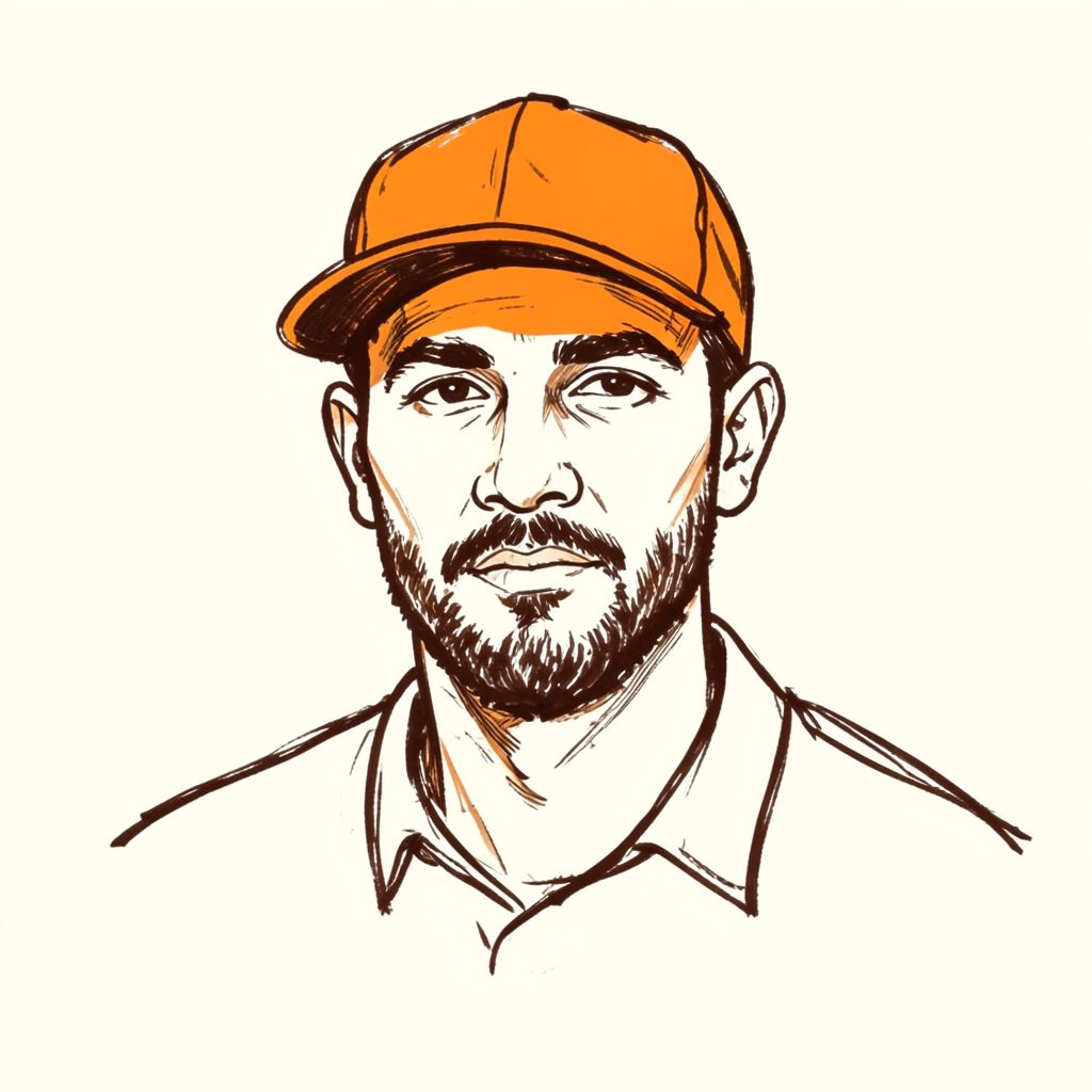 A hand-drawn ink portrait of a man in a baseball cap, rendered in loose gestural lines of dark brown ink on cream paper.